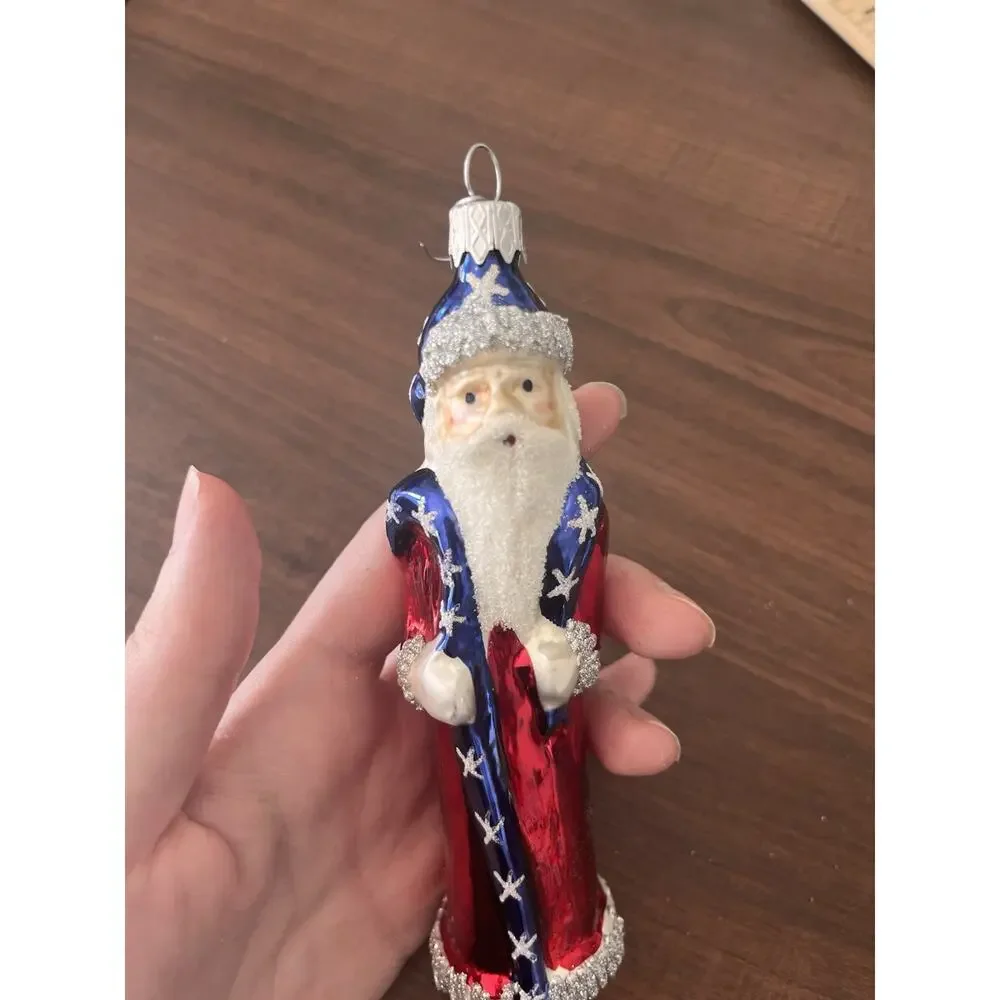 Vintage Glass Patriotic Santa Clause Holiday Christmas Ornament Hand Painted
